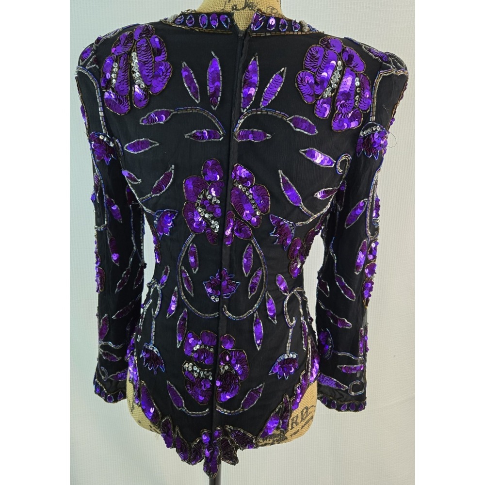 women's 100% Silk Purple Floral Festival live house sequin blouse Top size PS - Picture 2 of 7